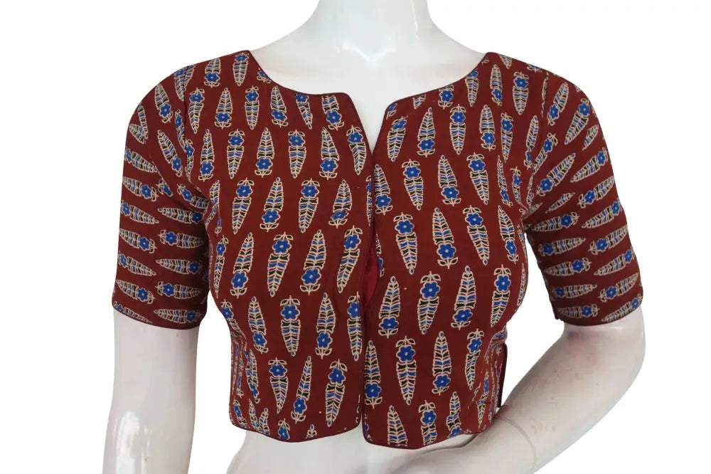 Maroon Color Ajrakh Boat Neck Cotton Readymade Blouse, Indian Designer Wear Online - D3blouses