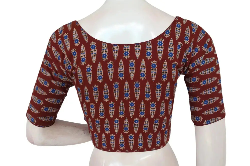 Maroon Color Ajrakh Boat Neck Cotton Readymade Blouse, Indian Designer Wear Online - D3blouses