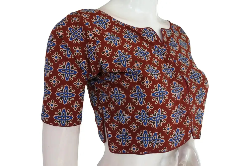 Maroon Color Ajrakh Boat Neck Cotton Readymade Blouse, Summer Collection Online - D3blouses