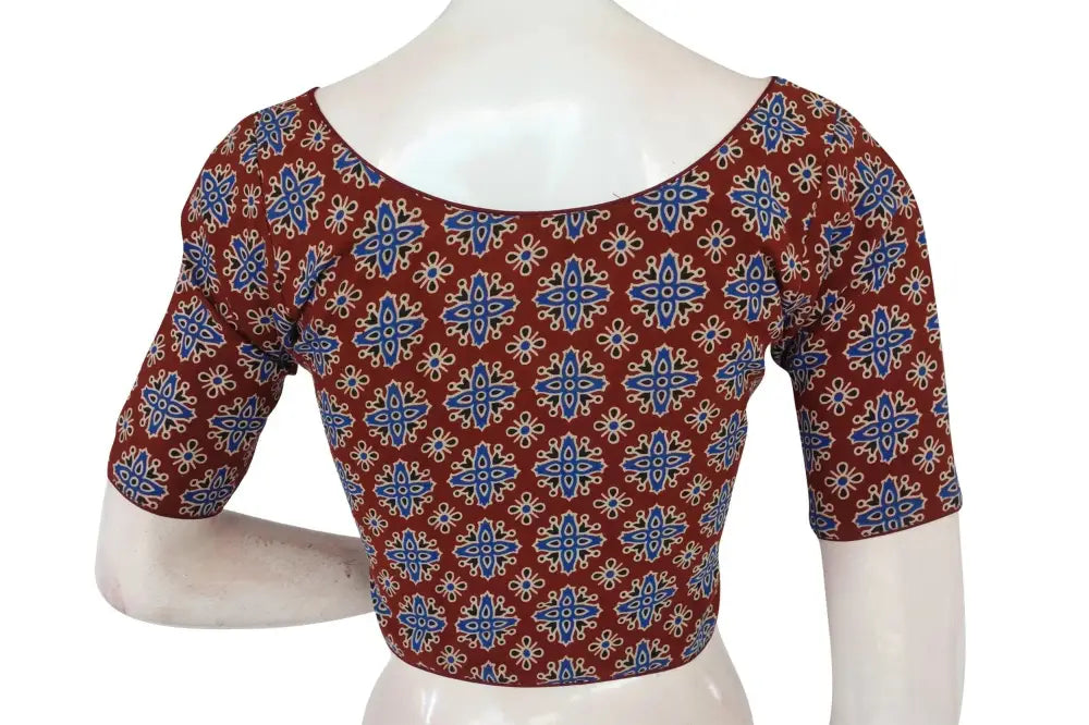 Maroon Color Ajrakh Boat Neck Cotton Readymade Blouse, Summer Collection Online - D3blouses