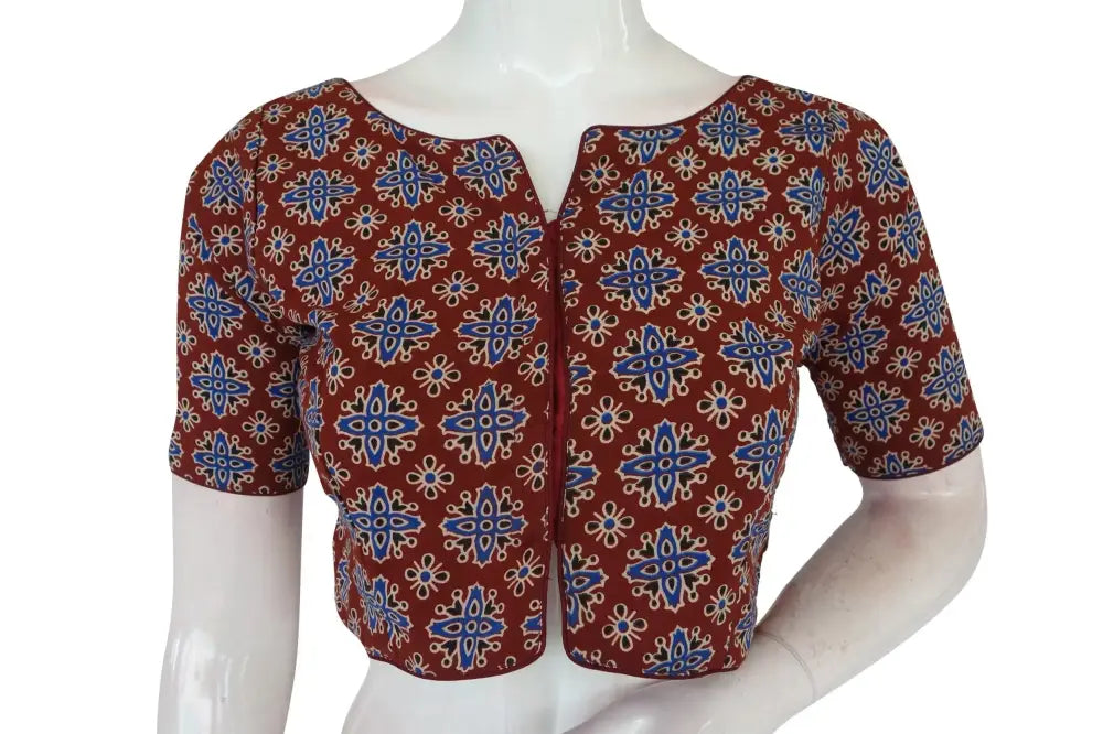 Maroon Color Ajrakh Boat Neck Cotton Readymade Blouse, Summer Collection Online - D3blouses