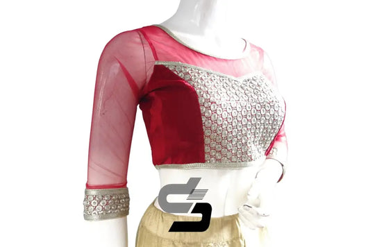 Maroon Color Velvet 3/4th Designer Party Wear Readymade Blouse/ Indian Crop Tops - D3blouses