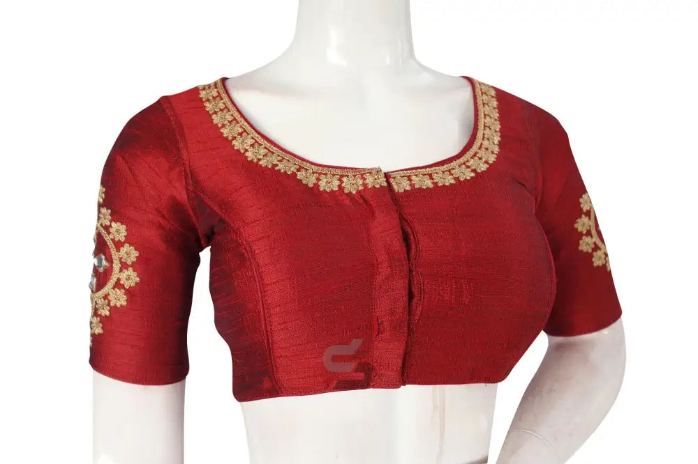 Maroon Embroidered High Neck Saree Blouse - Designe - D3blouses