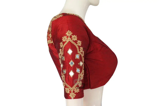 Maroon Embroidered High Neck Saree Blouse - Designe - D3blouses