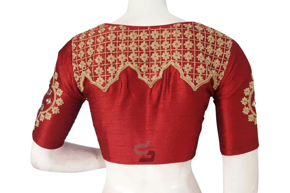 Maroon Embroidered High Neck Saree Blouse - Designe - D3blouses