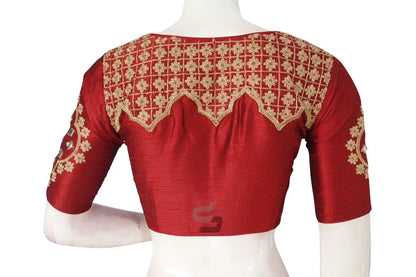 Maroon Embroidered High Neck Saree Blouse - Designe - D3blouses