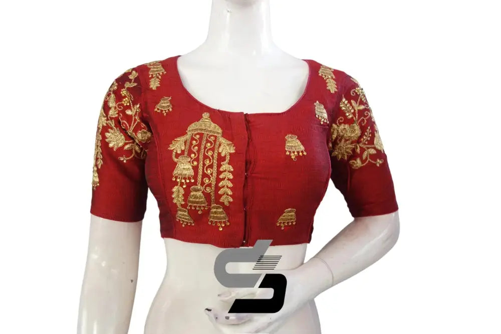 Maroon High Neck Designer Embroidered Saree Blouses: Vibrant Elegance - D3blouses