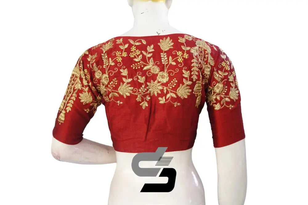 Maroon High Neck Designer Embroidered Saree Blouses: Vibrant Elegance - D3blouses