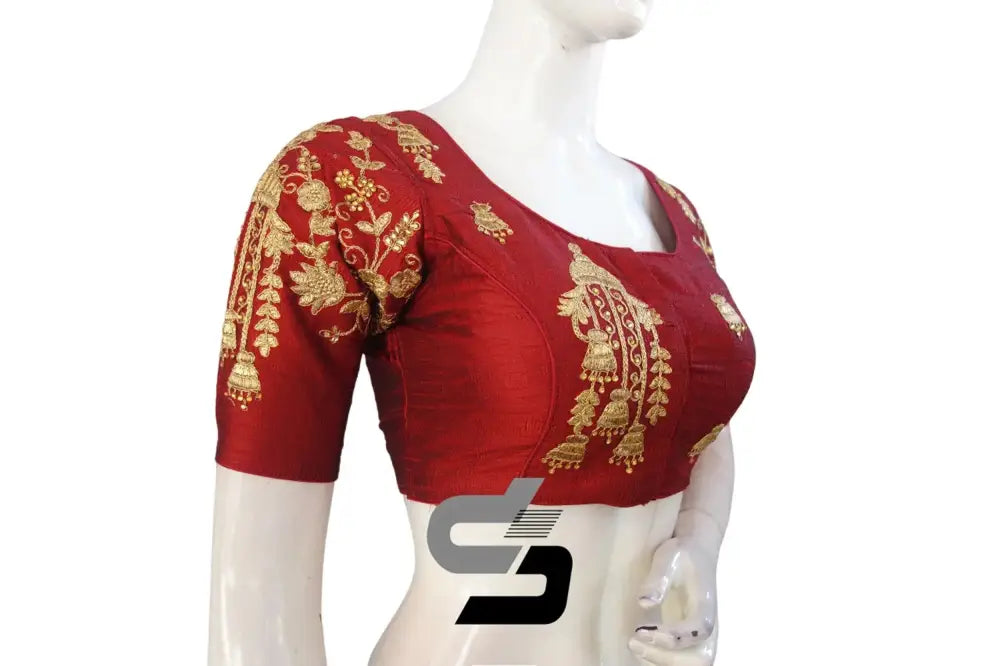 Maroon High Neck Designer Embroidered Saree Blouses: Vibrant Elegance - D3blouses