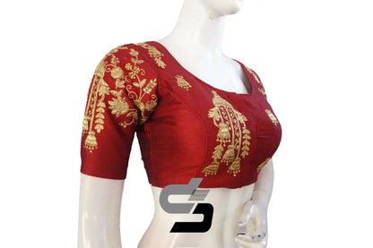Maroon High Neck Designer Embroidered Saree Blouses: Vibrant Elegance - D3blouses