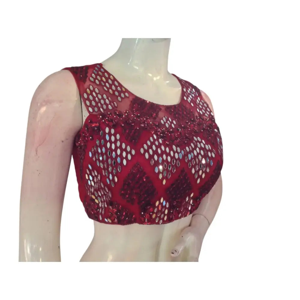 Maroon Magic: A Dazzling Handcrafted Designer Partywear Readymade Saree Blouse - D3blouses