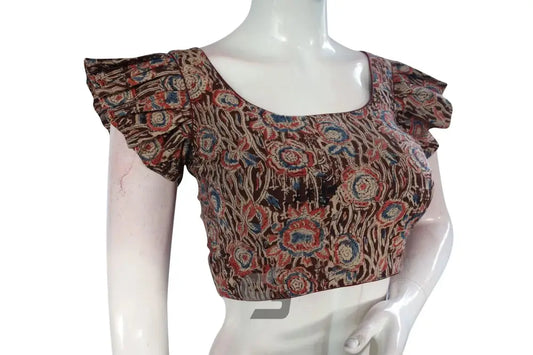 Maroon Majesty, Kalamkari Cotton Blouse with Designer Ruffle Sleeves - D3blouses
