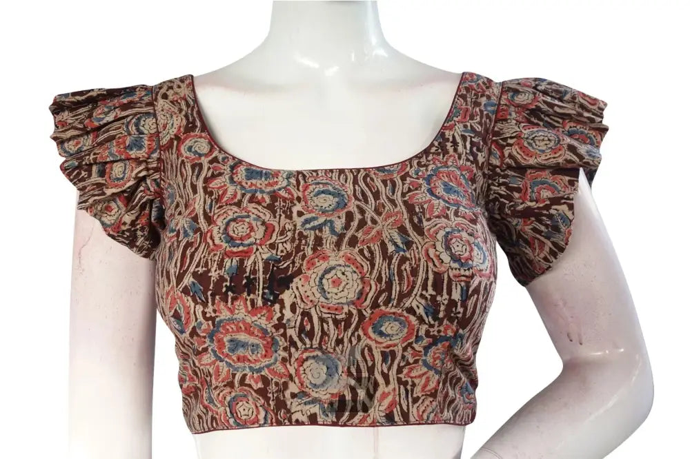 Maroon Majesty, Kalamkari Cotton Blouse with Designer Ruffle Sleeves - D3blouses