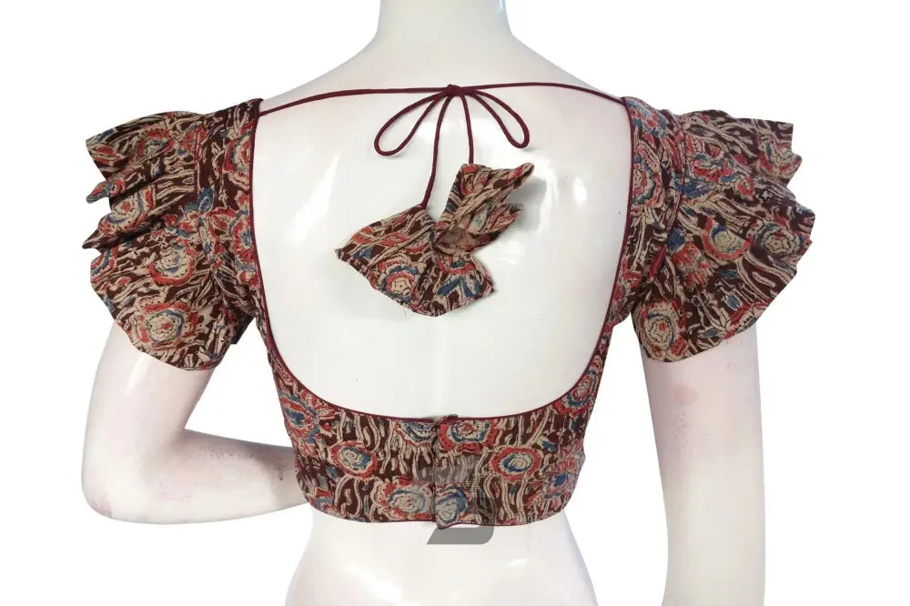 Maroon Majesty, Kalamkari Cotton Blouse with Designer Ruffle Sleeves - D3blouses