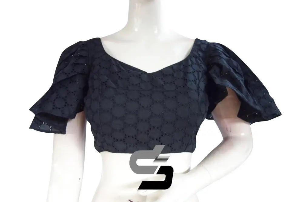 Midnight Chic, Black Hakoba Cotton Designer Blouse With Ruffle Sleeves - D3blouses