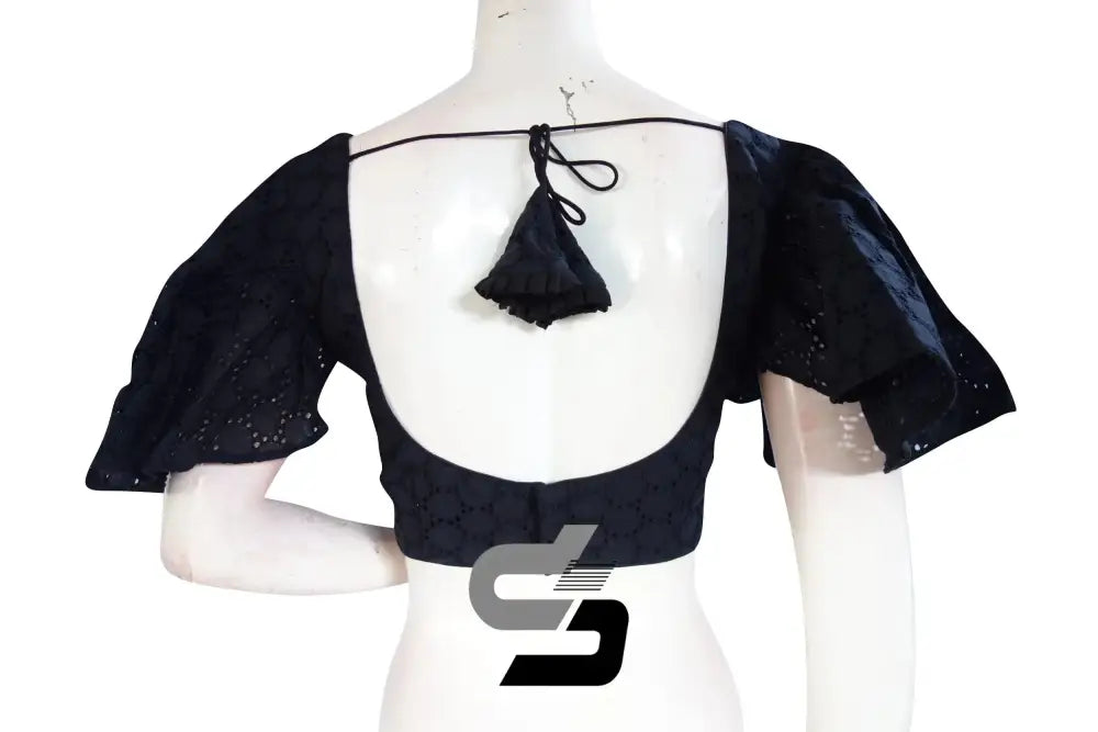 Midnight Chic, Black Hakoba Cotton Designer Blouse With Ruffle Sleeves - D3blouses