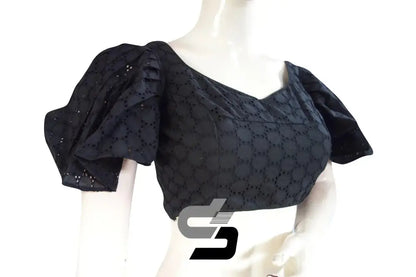 Midnight Chic, Black Hakoba Cotton Designer Blouse With Ruffle Sleeves - D3blouses