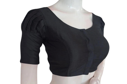 Midnight Elegance, Plain Puff Sleeve Readymade Blouse with Matching Face Mask - D3blouses
