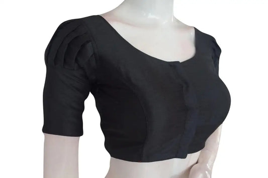 Midnight Elegance, Plain Puff Sleeve Readymade Blouse with Matching Face Mask - D3blouses