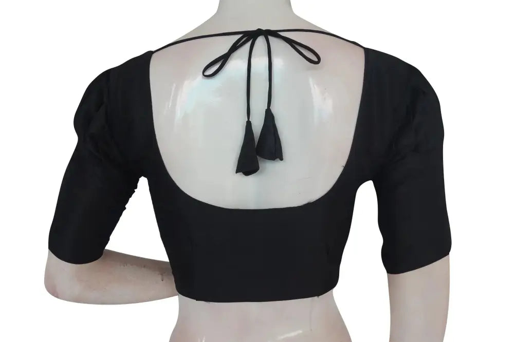 Midnight Elegance, Plain Puff Sleeve Readymade Blouse with Matching Face Mask - D3blouses