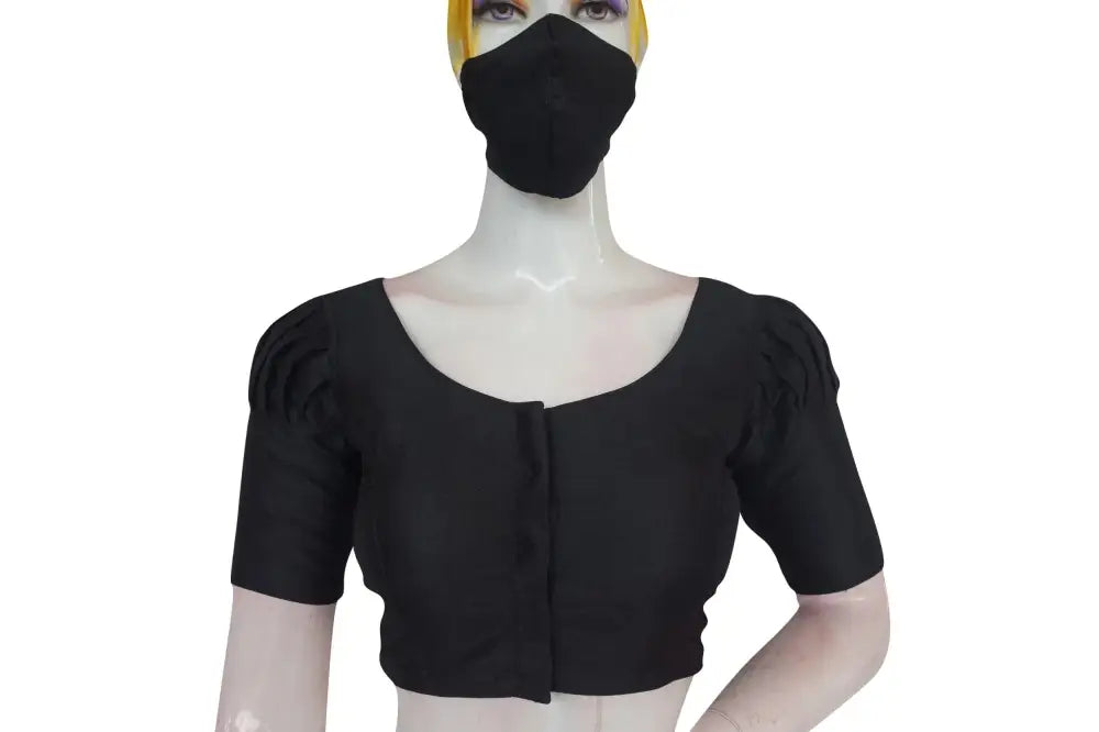 Midnight Elegance, Plain Puff Sleeve Readymade Blouse with Matching Face Mask - D3blouses