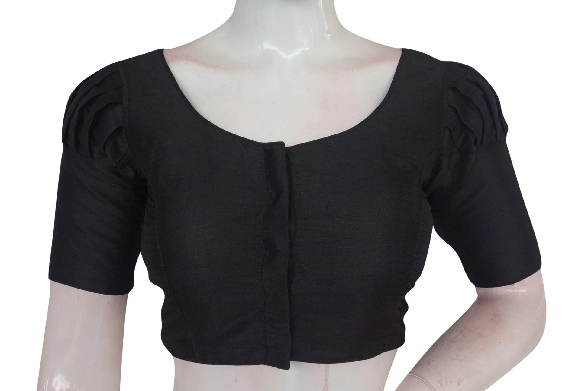 Midnight Elegance, Plain Puff Sleeve Readymade Blouse with Matching Face Mask - D3blouses