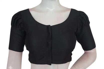 Midnight Elegance, Plain Puff Sleeve Readymade Blouse with Matching Face Mask - D3blouses