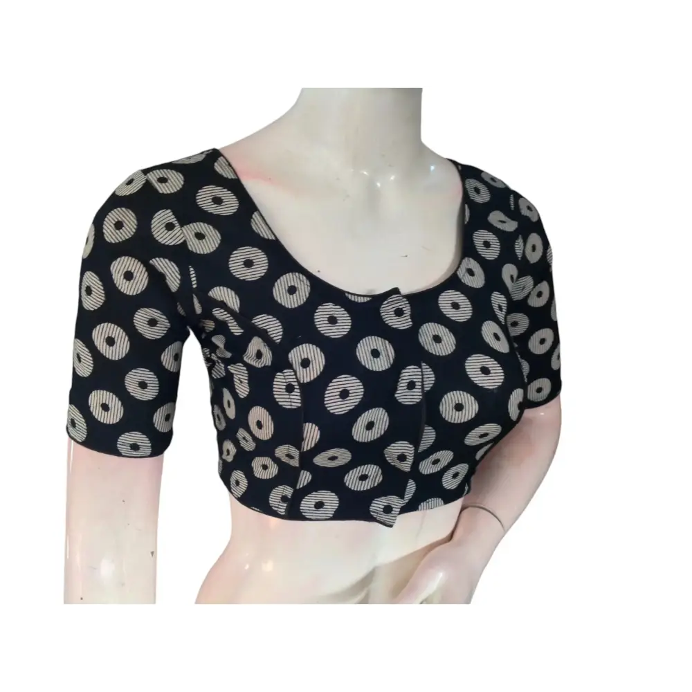 Midnight Elegance: Readymade Black Cotton Saree Blouse - D3blouses