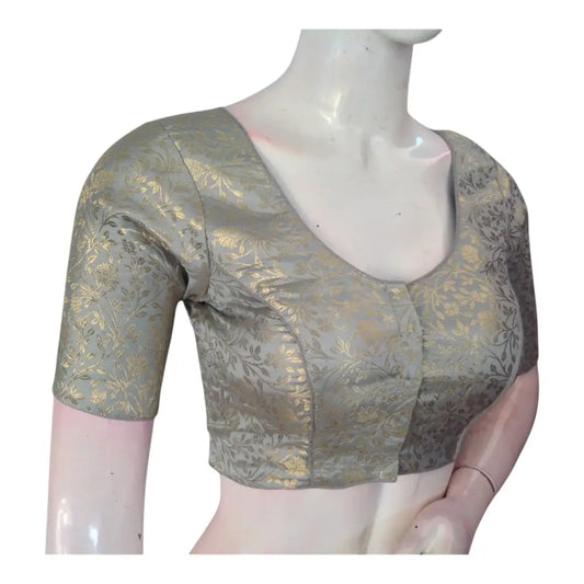 Modern Grey Color Brocade Saree Blouse - Ready to Wear - D3blouses