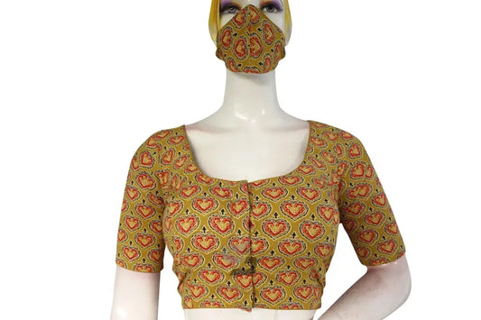 Mustard color Ajrakh Cotton Readymade Saree Blouse, Comfortable Cotton Fit for sale - D3blouses