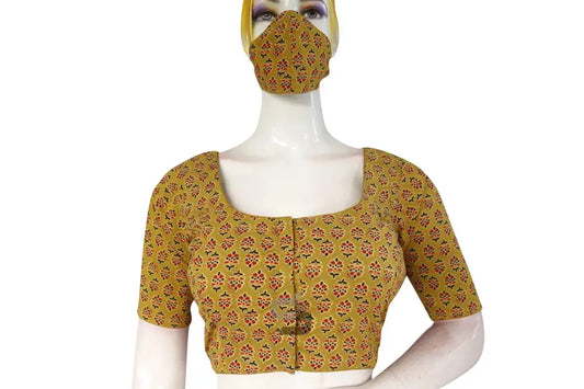 Mustard color Ajrakh Cotton Readymade Saree Blouse, Indian Cotton Choli Top - D3blouses