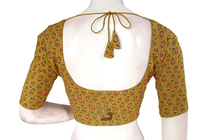 Mustard color Ajrakh Cotton Readymade Saree Blouse, Indian Cotton Choli Top - D3blouses