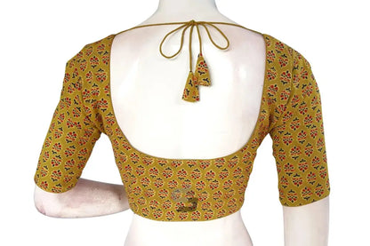 Mustard color Ajrakh Cotton Readymade Saree Blouse, Indian Cotton Choli Top - D3blouses