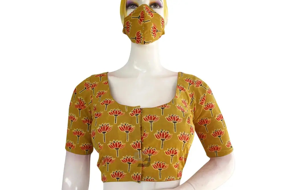 Mustard color Ajrakh Cotton Readymade Saree Blouse, Indian Summer Collection - D3blouses