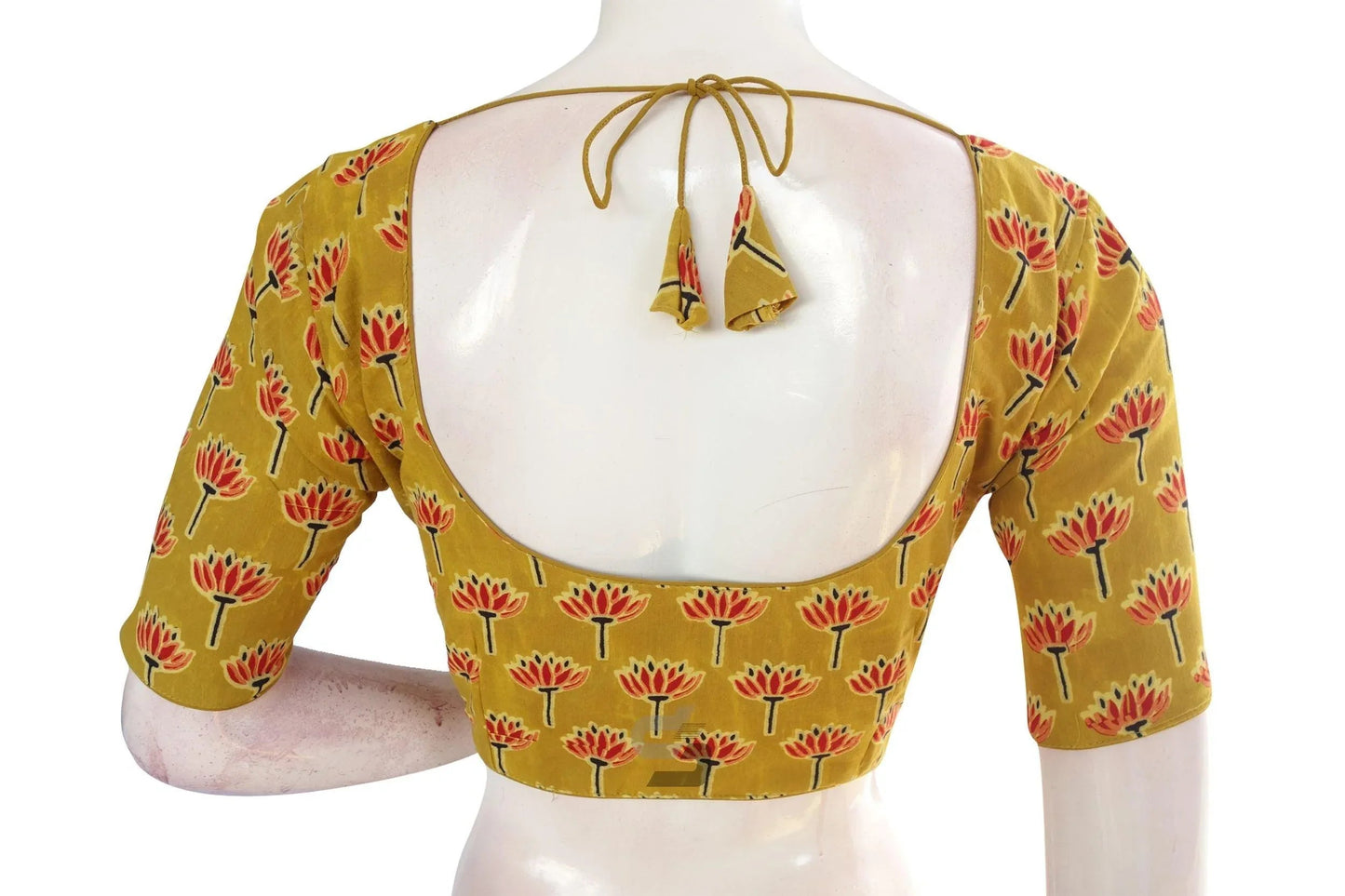 Mustard color Ajrakh Cotton Readymade Saree Blouse, Indian Summer Collection - D3blouses