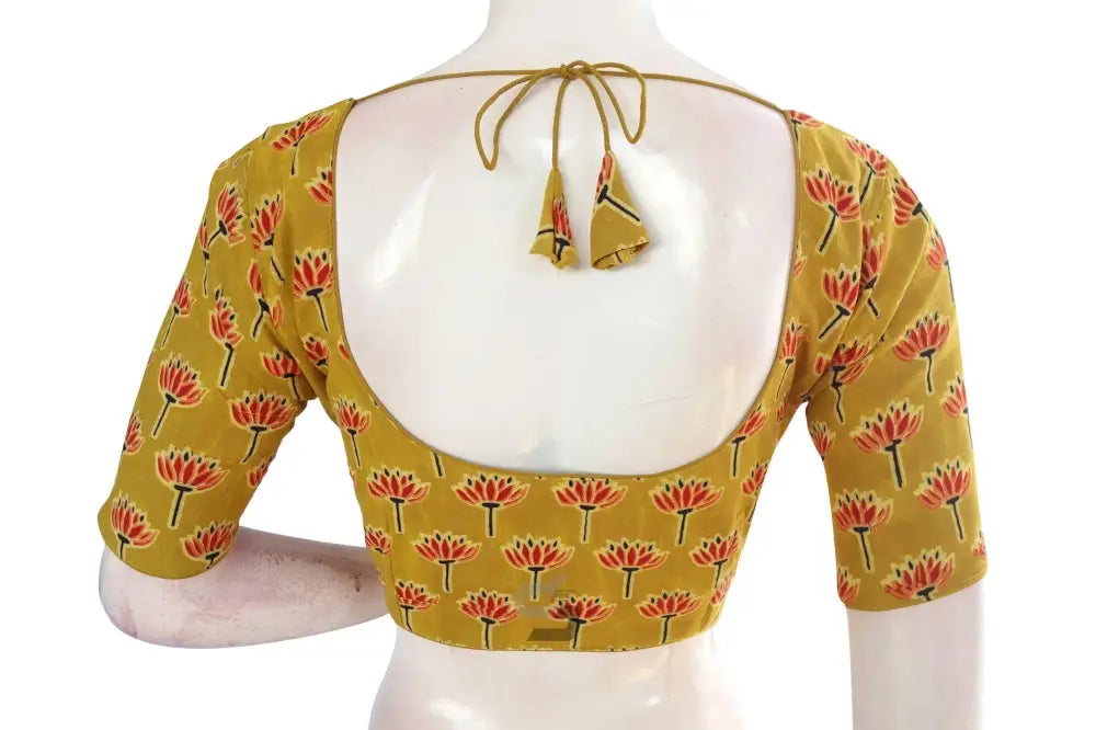 Mustard color Ajrakh Cotton Readymade Saree Blouse, Indian Summer Collection - D3blouses