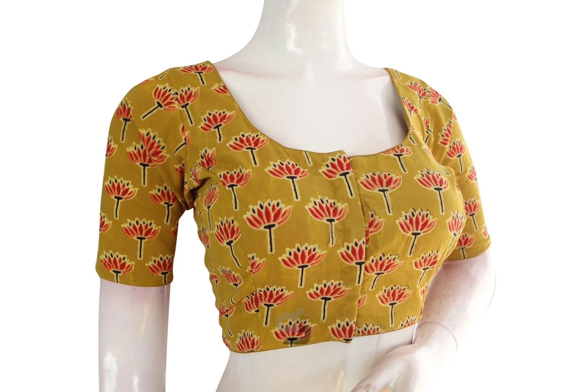Mustard color Ajrakh Cotton Readymade Saree Blouse, Indian Summer Collection - D3blouses