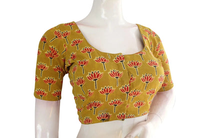 Mustard color Ajrakh Cotton Readymade Saree Blouse, Indian Summer Collection - D3blouses