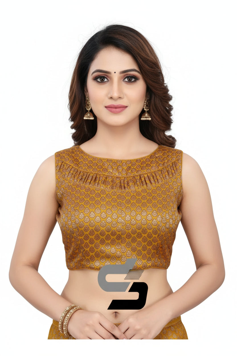 Front view of mustard yellow boat neck brocade silk readymade saree blouse