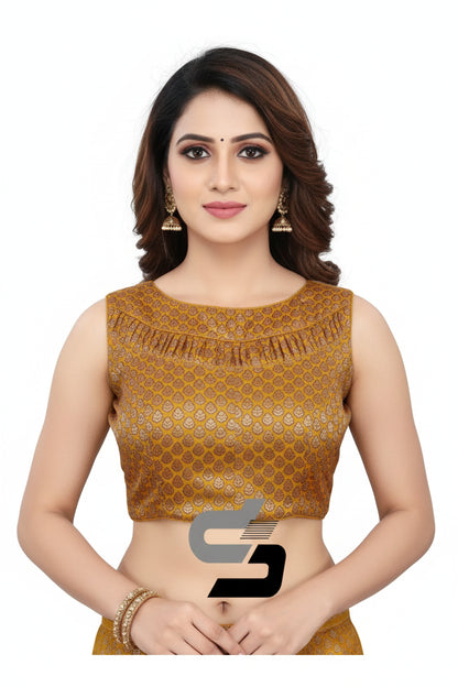 Front view of mustard yellow boat neck brocade silk readymade saree blouse