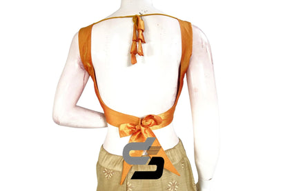 Mustard Glow, Plain Sleeveless Readymade Saree Blouse with Bow and Tie - D3blouses