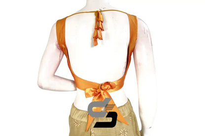 Mustard Glow, Plain Sleeveless Readymade Saree Blouse with Bow and Tie - D3blouses