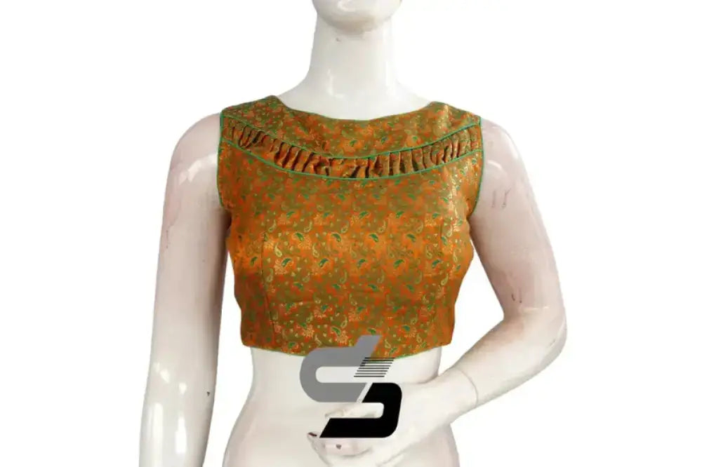 Mustard Orange Boat Neck Brocade Silk Readymade Saree Blouse (Princess Cut) Readymade Blouse