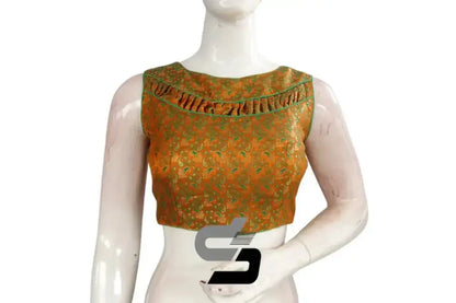 Mustard Orange Boat Neck Brocade Silk Readymade Saree Blouse (Princess Cut) Readymade Blouse