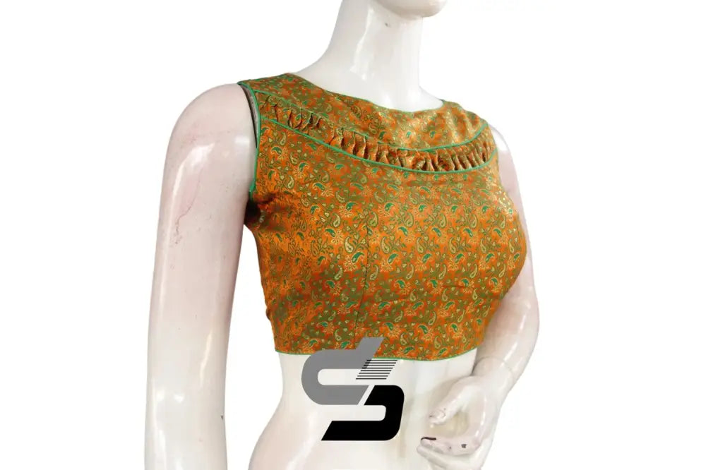 Front view of mustard orange boat neck brocade silk readymade saree blouse