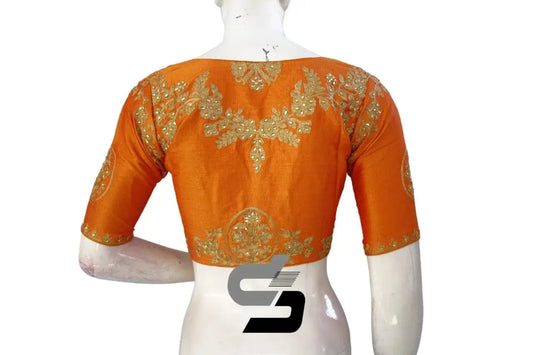 Mustard Orange High Neck Designer Embroidered Saree Blouses: Embrace Vibrant Elegance" - D3blouses