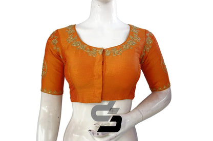 Mustard Orange High Neck Designer Embroidered Saree Blouses: Embrace Vibrant Elegance" - D3blouses