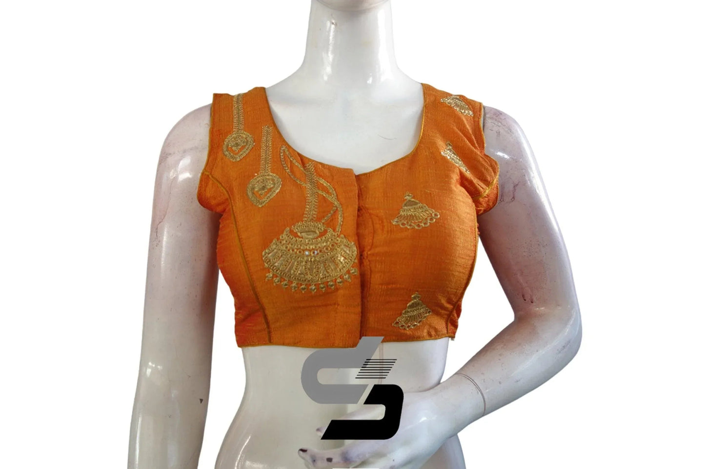 Mustard Orange High Neck Designer Embroidered Saree Blouses: Vibrant Transformation - D3blouses