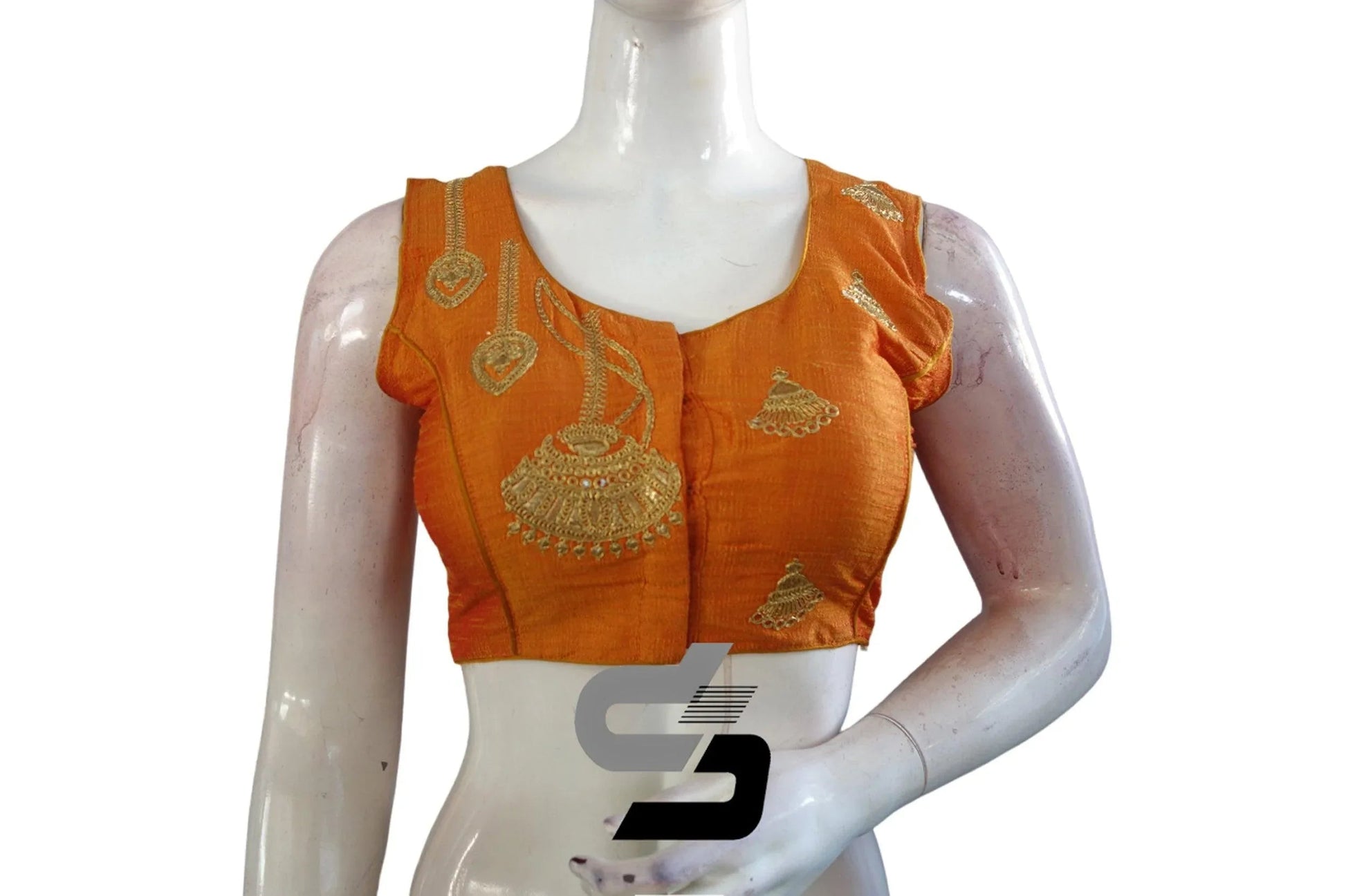 Mustard Orange High Neck Designer Embroidered Saree Blouses: Vibrant Transformation - D3blouses