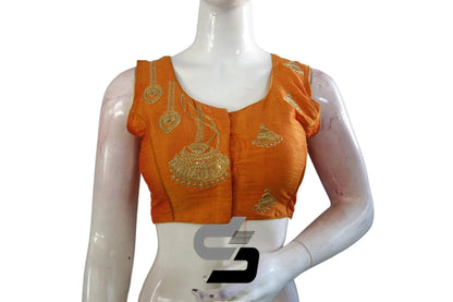 Mustard Orange High Neck Designer Embroidered Saree Blouses: Vibrant Transformation - D3blouses